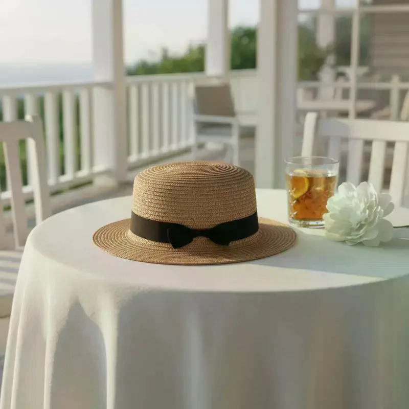 High Quality Flat Top Boater Sun Hat: Straw Wide Brim UV Protection Hat for Men & Women Summer Travel & Beach Activities