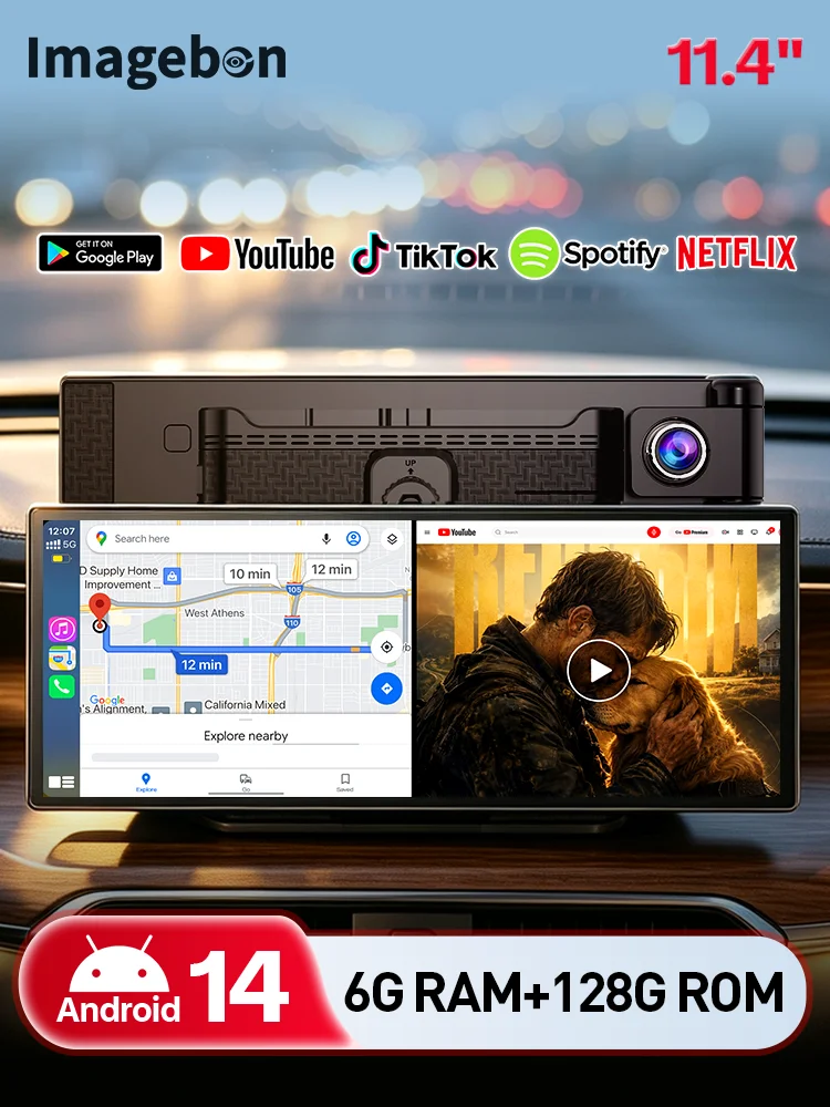 Imagebon 11,4" Android 14 Kamera samochodowa 6G+128G 8-rdzeniowy procesor Bezprzewodowy CarPlay & Android Auto Podzielony ekran Google Play Youtube Nawigacja GPS Rejestrator jazdy — 2