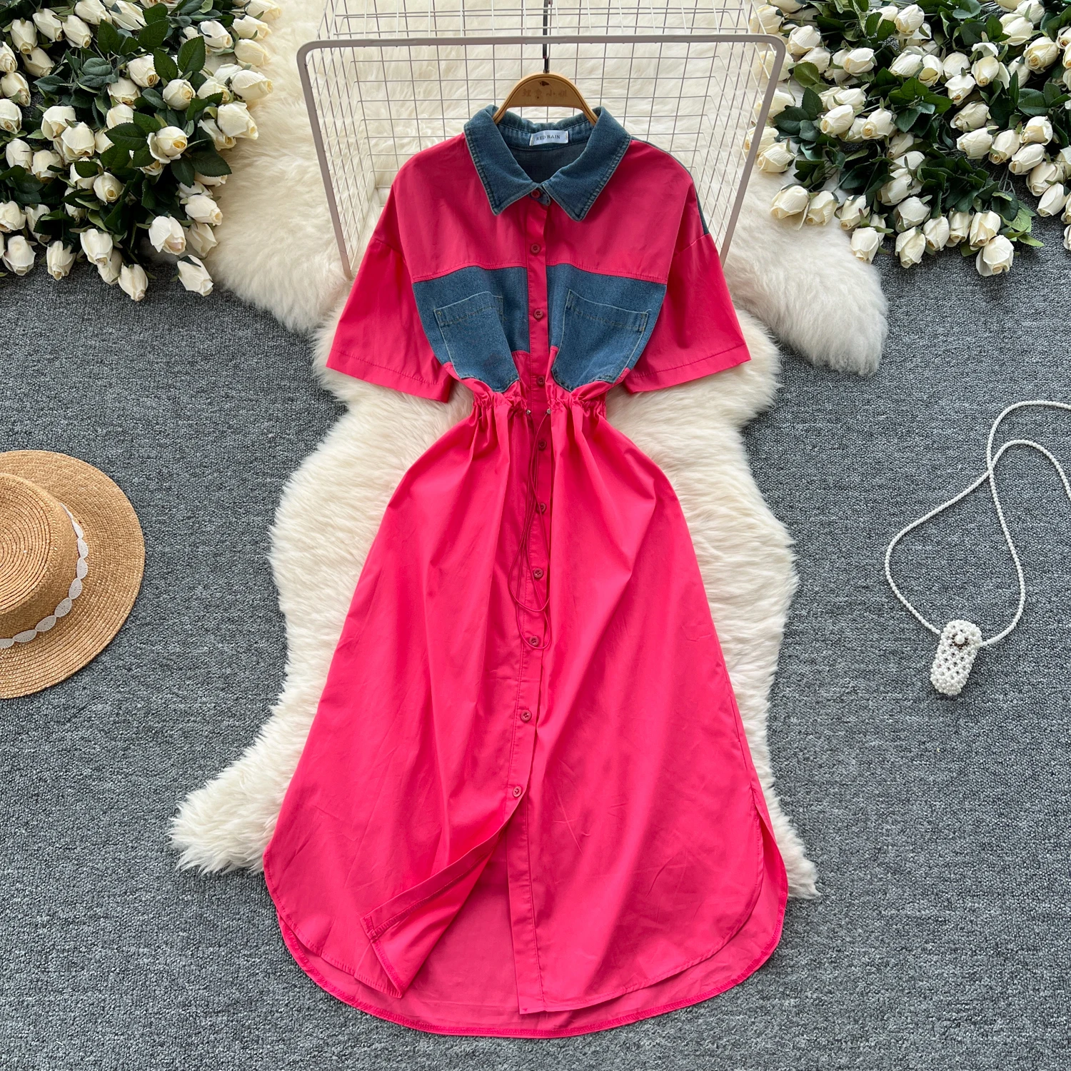 

Women 2025 Summer Korean Version Fashion Lapel Denim Splicing Tie Waist Shirt Slit Long Dress