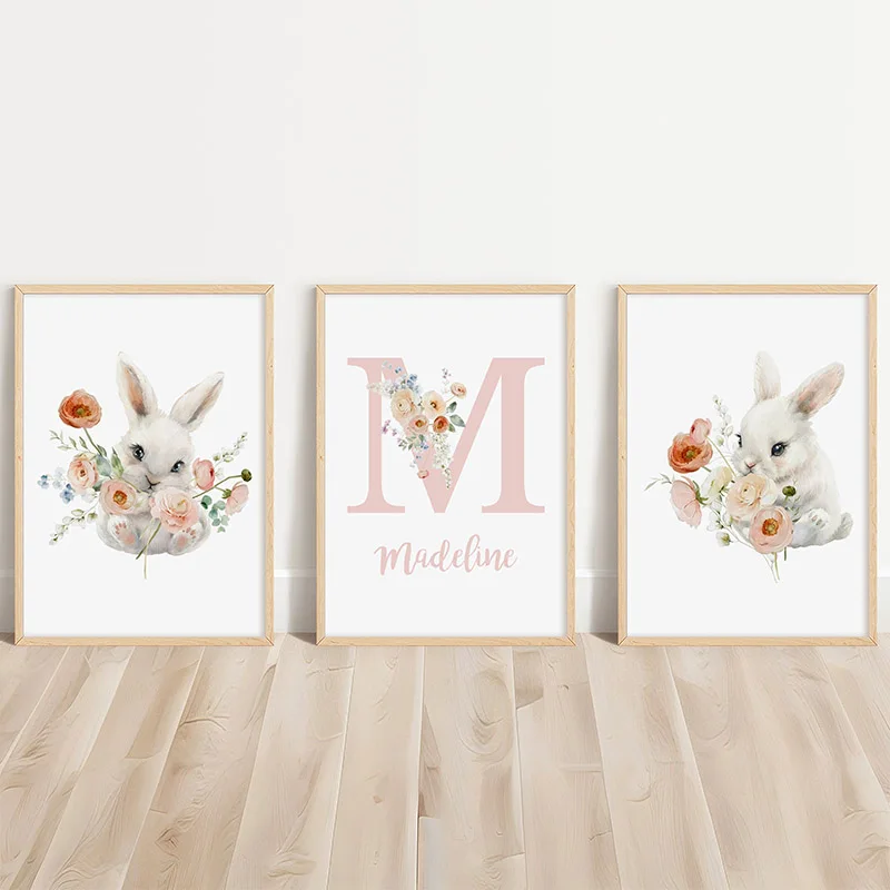 Watercolor Rabbit Flowers Custom Name Nursery Wall Art Canvas Painting Nordic Posters And Prints Pictures Baby Kids Room Decor