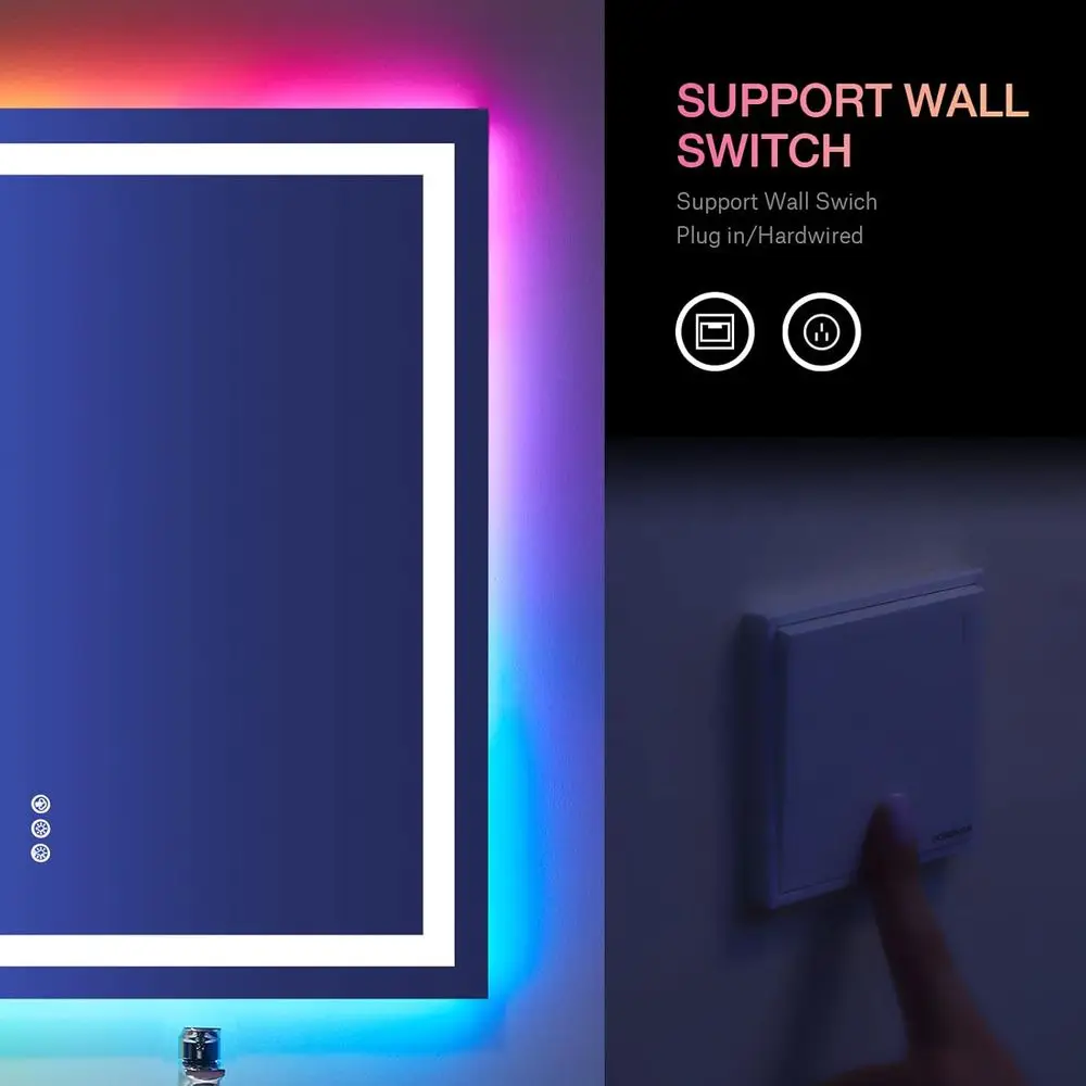 مرآة حمام LED مضادة للضباب مع أضواء RGB وأضواء أمامية، قابلة للتعتيم، زجاج مقسى، مرآة زينة جدارية مع وظيفة الذاكرة #5
