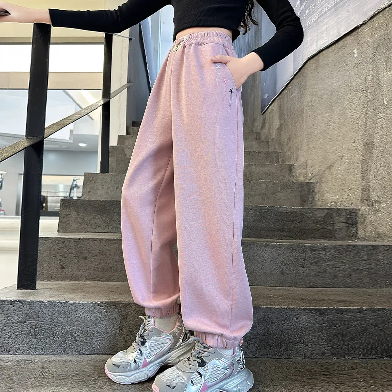 Girls Trousers Sweatpants Autumn 2024 New Loose Casual Pants Corset Foot Sports Long Pants Korean Simple Style Bottoms Kid