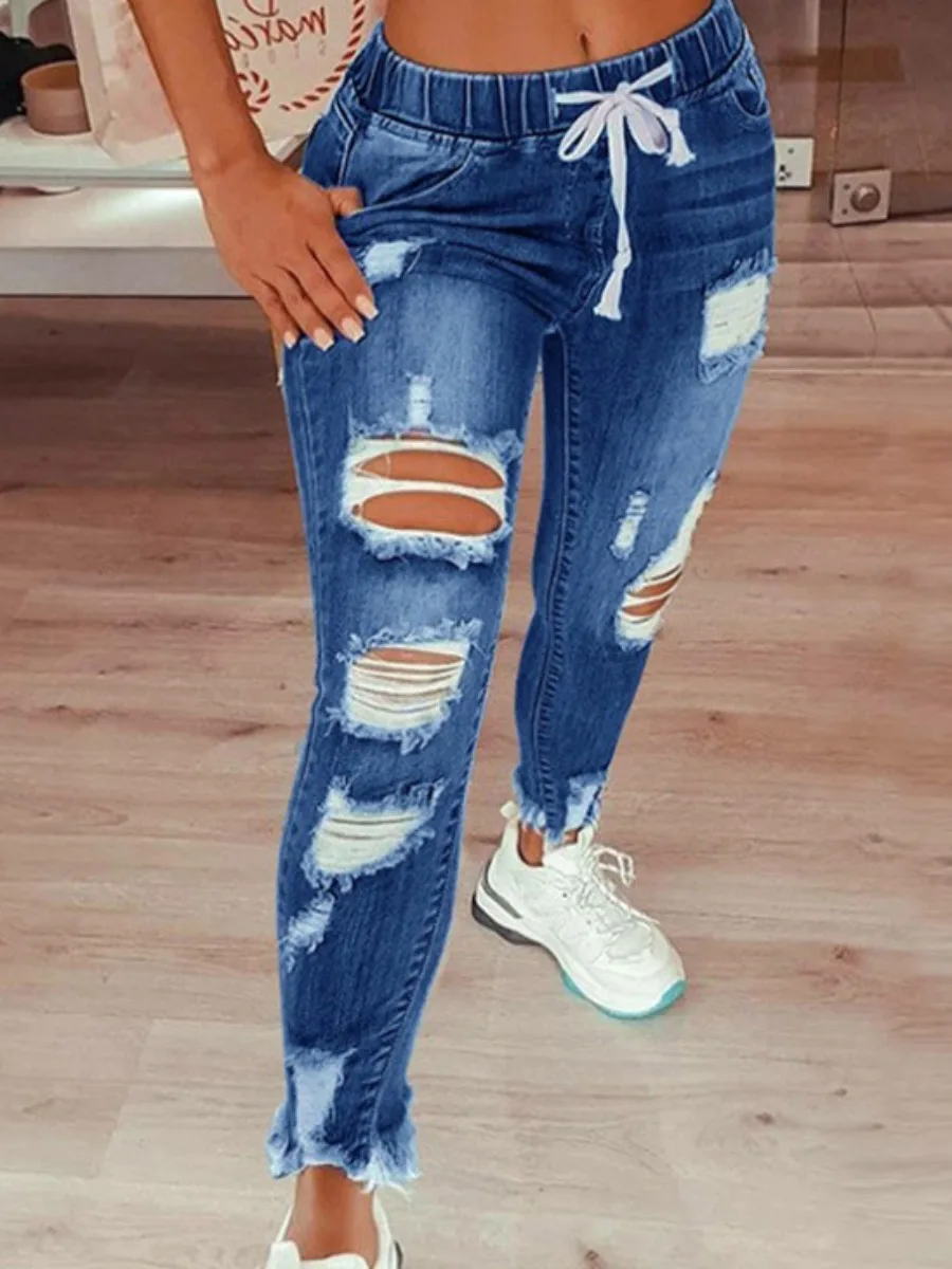 Plus Size High-Waist High Stretchy Ripped Distressed Jeans Denim Casual Solid Basic Women Elastic Waist Daily Trousers