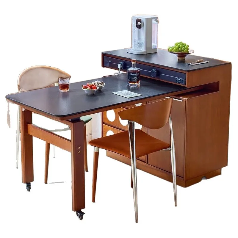 

Solid wood island dining table integrated retractable rotating solid wood rock slab small apartment island dining side cabinet