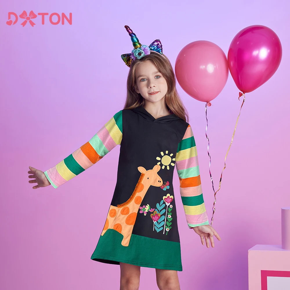 DXTON Girls Cotton Hooded Dress Rainbow Stripes Sleeve Children Dress Floral Giraffe Applique Winter Christmas Kids Casual Dress