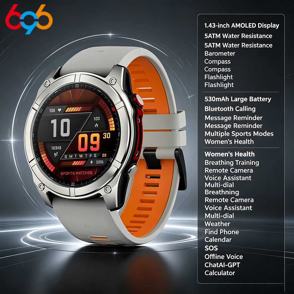 

696 Smart Watch Men Outdoor Flashlight Waterproof Bracelets Sports Health Smartwatch SOS 1.43 AMOLED Screen Compass ChatAI-GPT