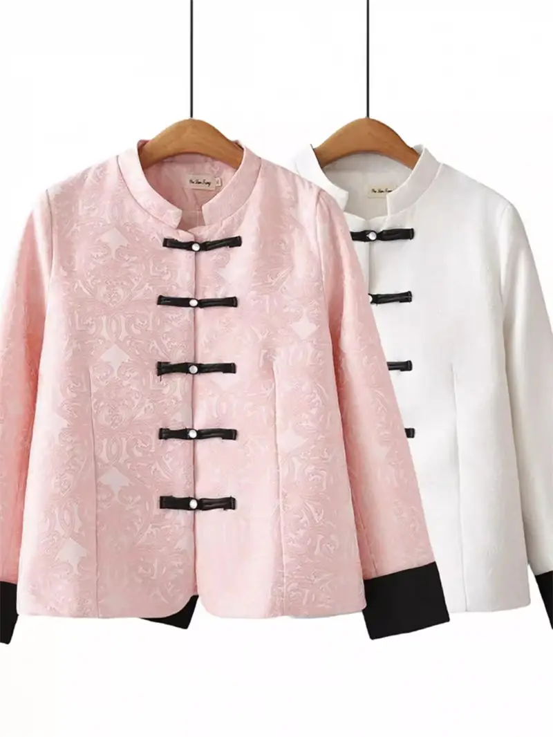 

Large Size Women's Short Coat Chinese Style Stand Collar Button Top Retro Jacquard Jacket Fashion Spliced Sleeve Outerwear K287