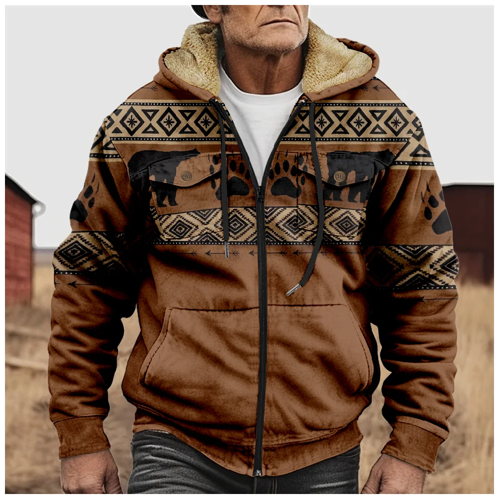 Men's Fleece Long Sleeve Zipper Hoodies Vintage Prints Retro Pattern Parkas Coat Jacket Winter For Men/Women Outerwear