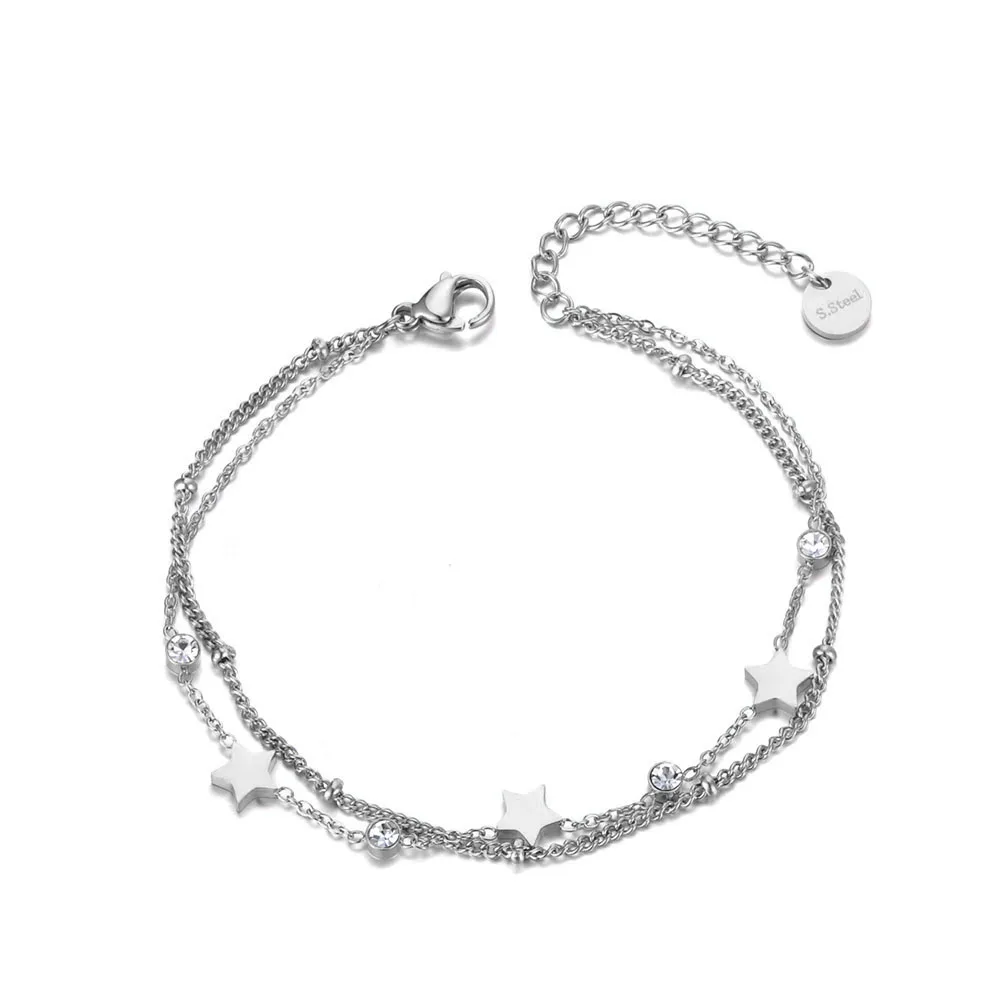 Lokaer doppio strato CZ Ctystal Star braccialetto di fascino braccialetto per le donne in acciaio inox boemia catena di collegamento bracciali