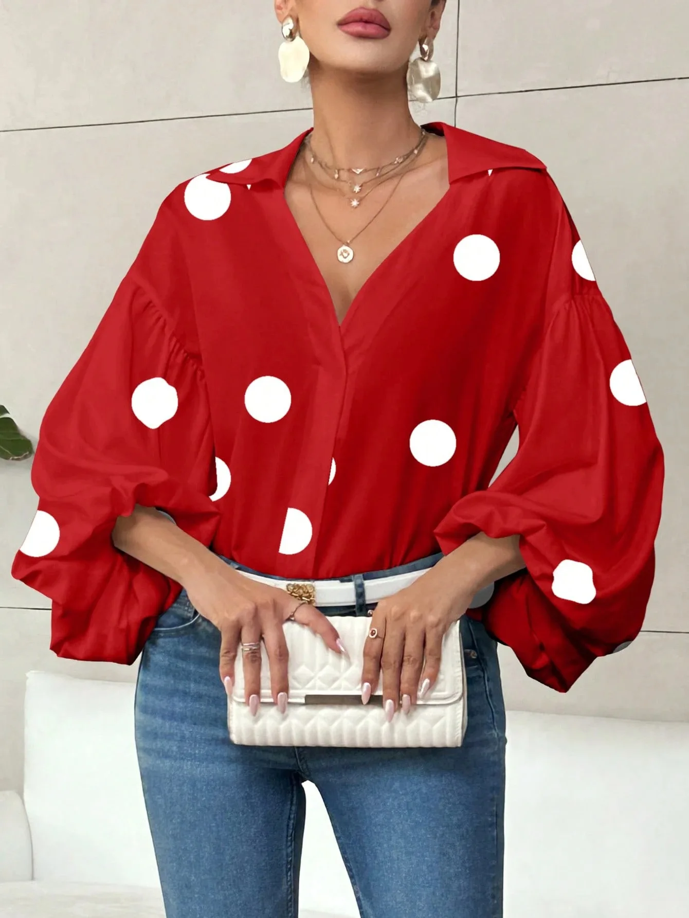 

Women's Polka Dot Blouse Collared V-Neck Oversized Puff Sleeve Button Top Spring Summer Stylish Casual Outfit Daily Dates Shirt