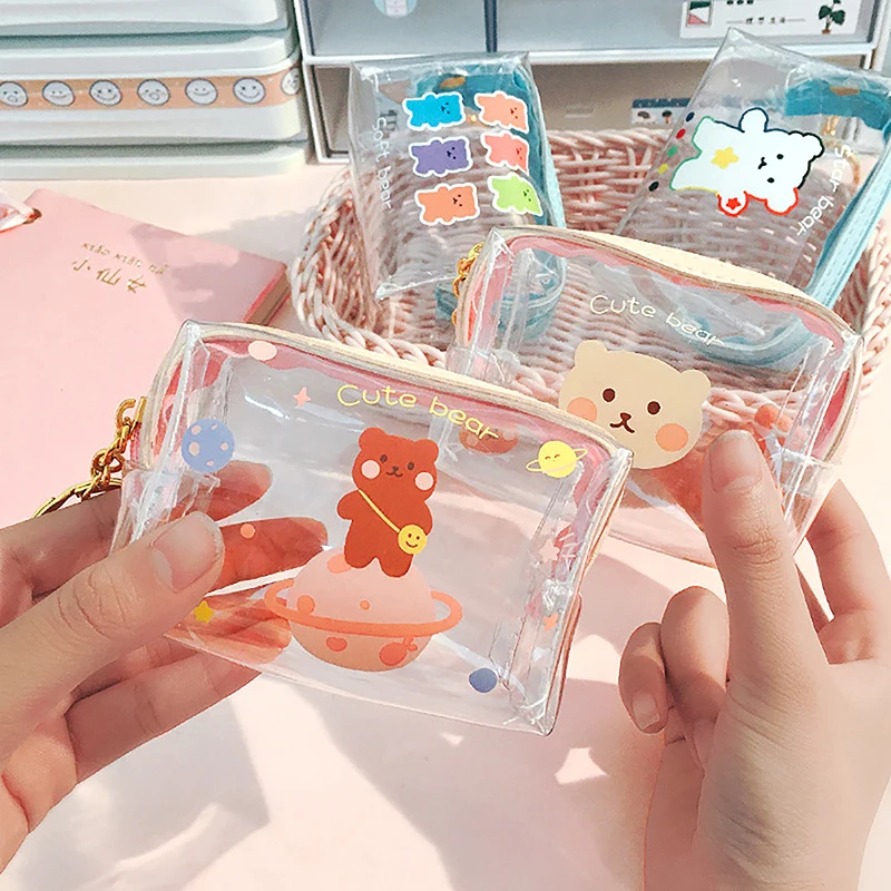 Carteira bonito, portátil, impermeável, mini saco de armazenamento dos desenhos animados Clear Coin Purse com chaveiro