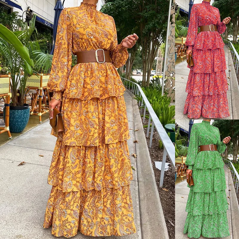 Women Elegant Long Lantern Sleeve Stand Collar Loose Maxi Dress Y2K INS Clothes Autumn Long Ruffle Bohemian Dress