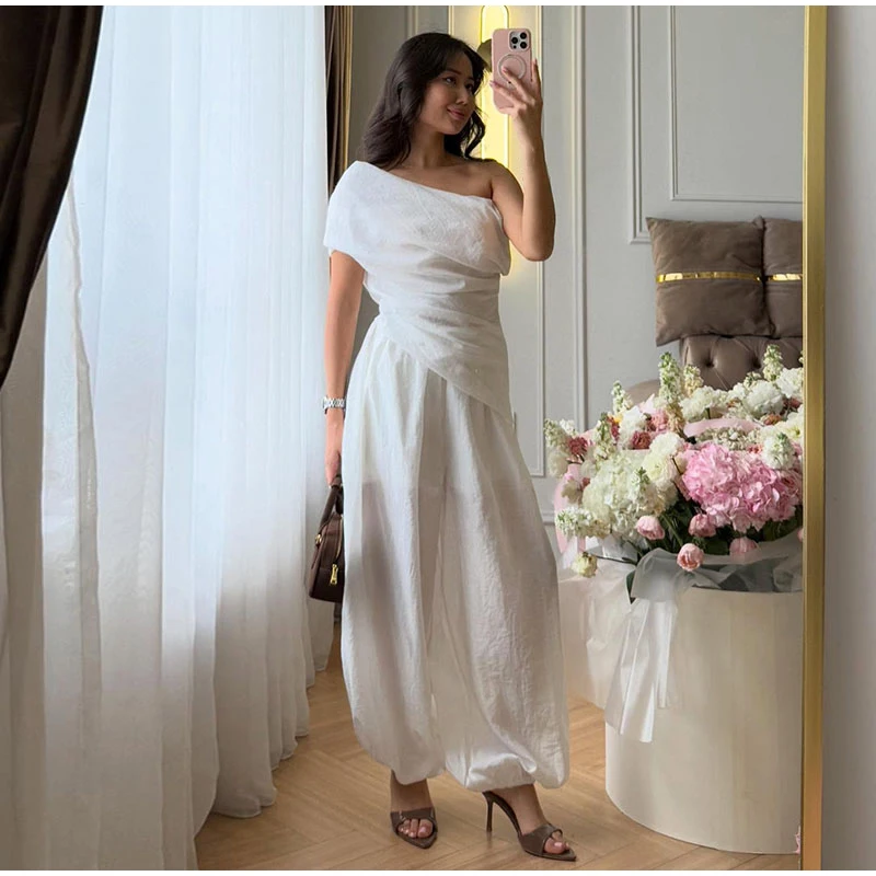 One Shoulder Women Dress Solid Color Waist Cinched Long Dress Sleeveless Backless Slim Fit Elegant Draped Stylish Party Wear