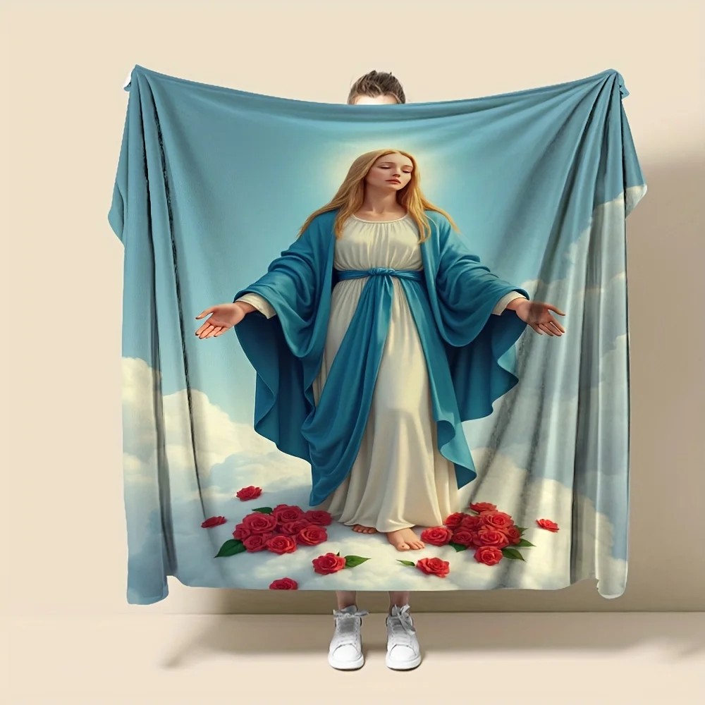 Virgin Mary & Roses on Clouds Blanket, All-Season Soft Throw for Home, Travel & Camping, Mixed Colors, Durable, Perfect Gift