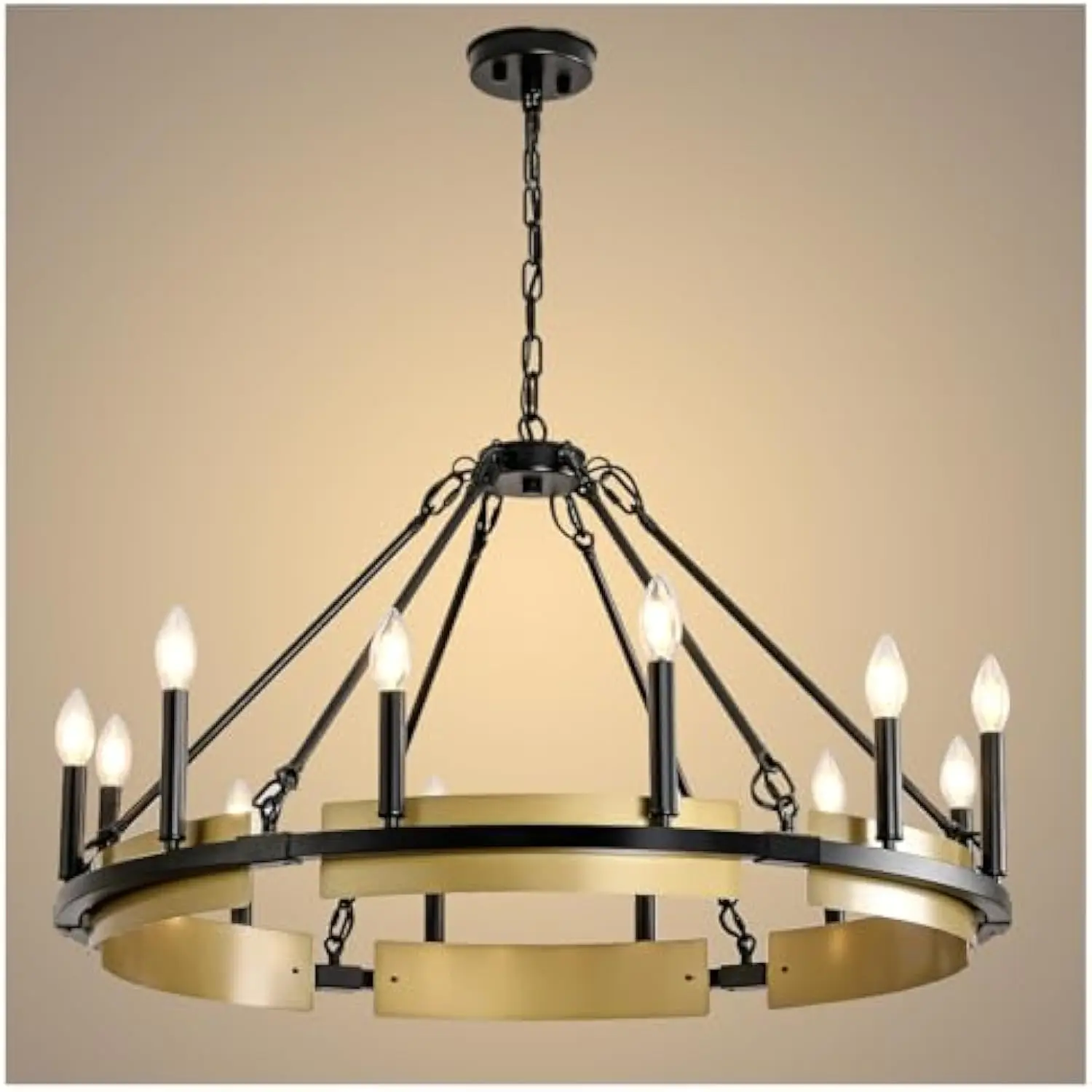

Round Wagon Wheel Chandelier - 34 inch 12 Lights Black and Gold Metal Rustic Chandeliers Farmhouse Large Light Fixture Dining R