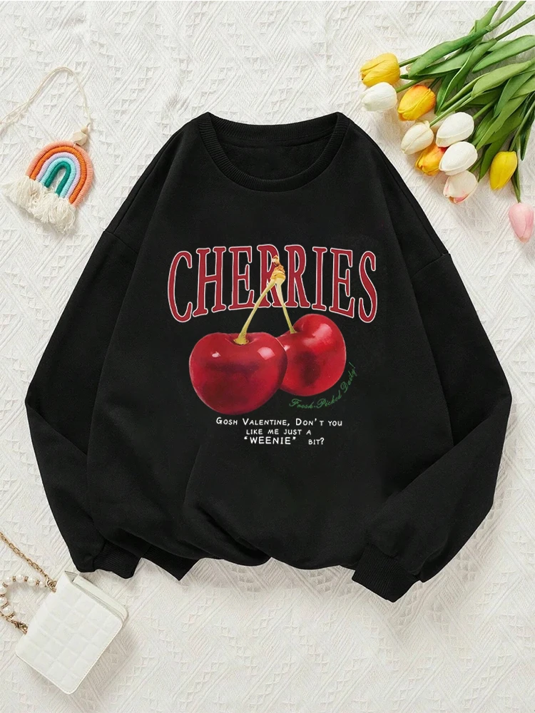 New In Hoodies Womens Sweatshirt Fresh Red Cherries Printing Pullover Loose Crewneck Warm Comfortable Hoodie Street Clothing