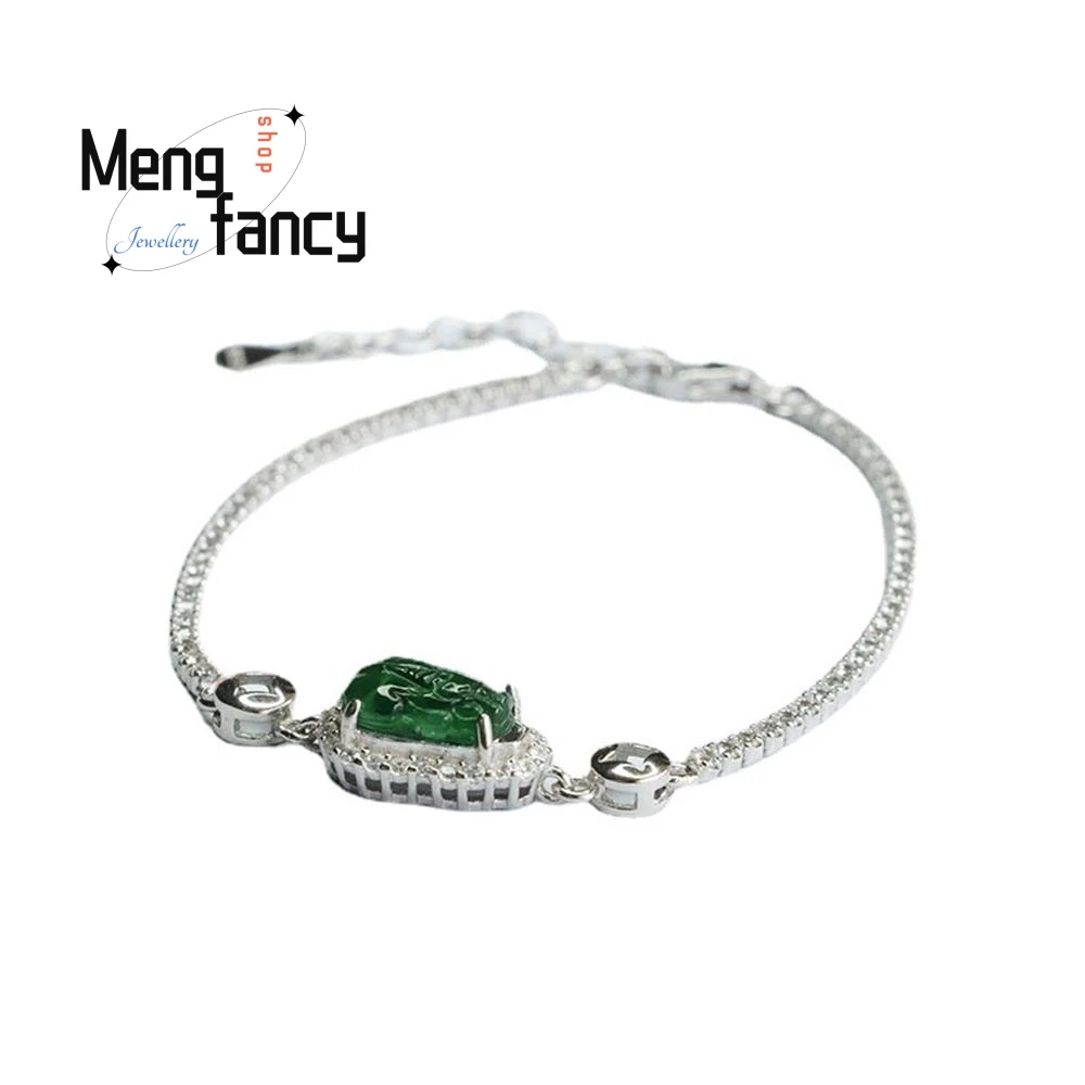 S925 Silver Inlaid Natural Jadeite Ice Type Imperial Pixiu Bracelet Exquisite Elegant High-grade Couple Luxury Fashion Jewelry