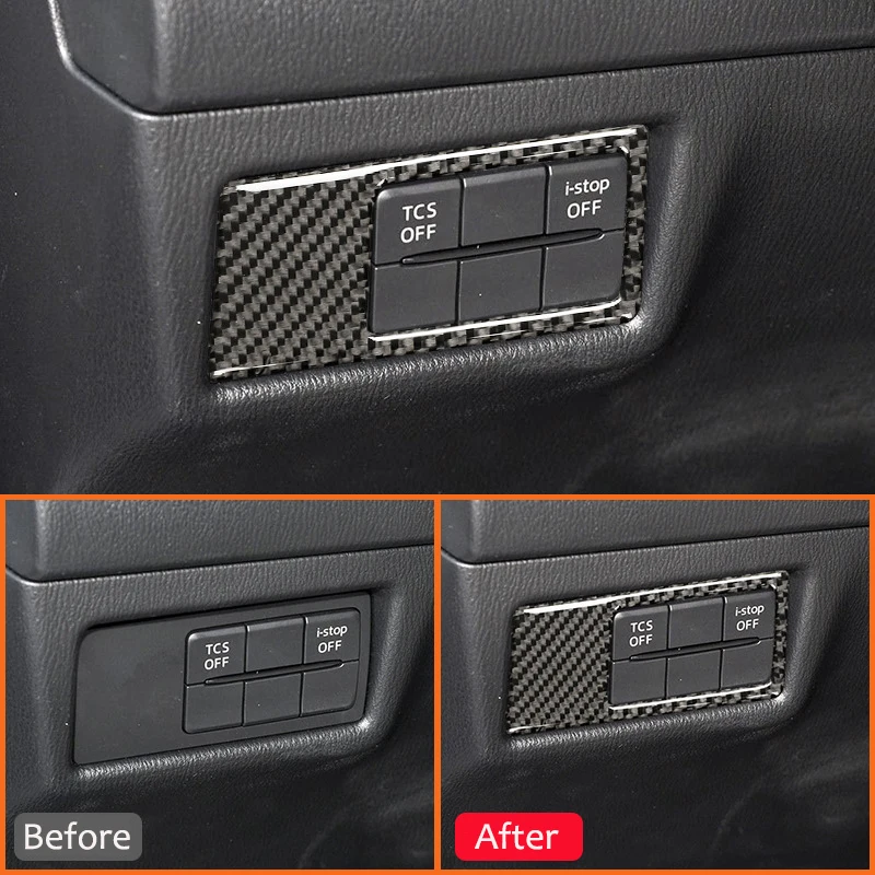 مفتاح إضاءة أمامي للسيارة من ألياف الكربون ، لوحة تحكم بالأزرار ، إطار تشذيب ، ملصق ديكور داخلي ، مازدا من-من من من ألياف الكربون