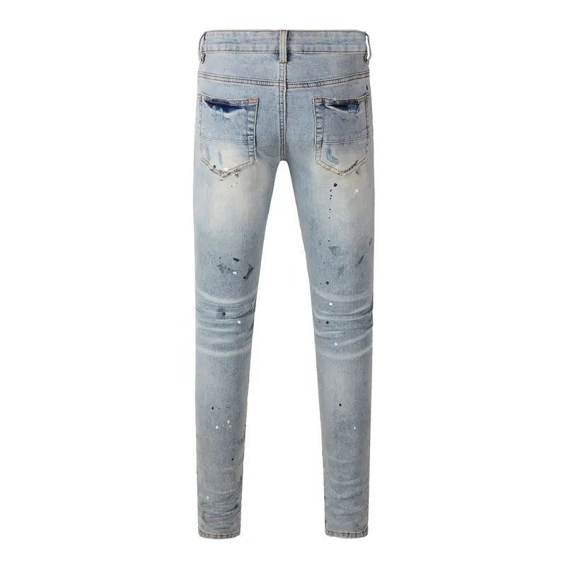 New men's retro light blue jeans washed with nostalgia, elastic, slim fit, perforated patch, painted jeans, high street hip-hop