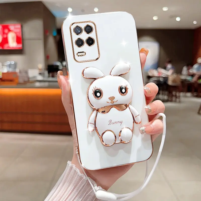 Phone Case For Oppo Realme 8 Pro Luxury Plating Square Rabbit Holder With Landyard Case Cover