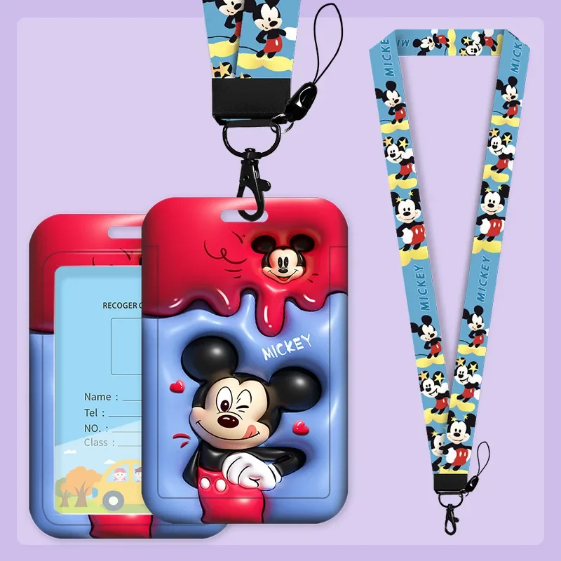 Disney PVC Card Holder Visual 3D Mickey Mouse Minnie Cartoons Hanging Neck Bag Lanyard ID Card Protective Case Anti-lost Cover