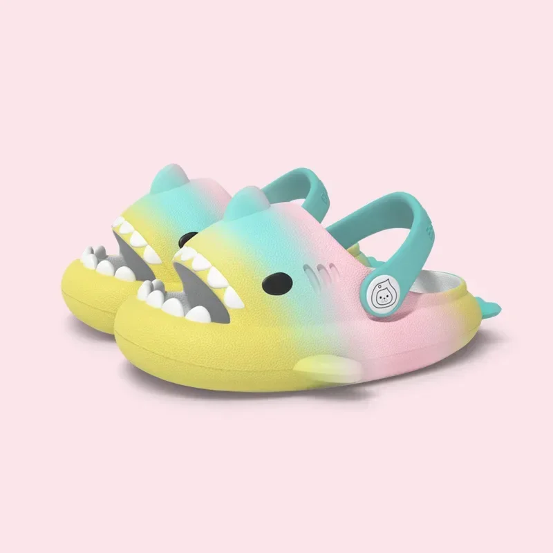 New Summer Rainbow Gradient Color Shark Children\'s Hole Shoes Cute Cartoon Boys and Girls Kids Outdoor Wear Baby Cool Slippers