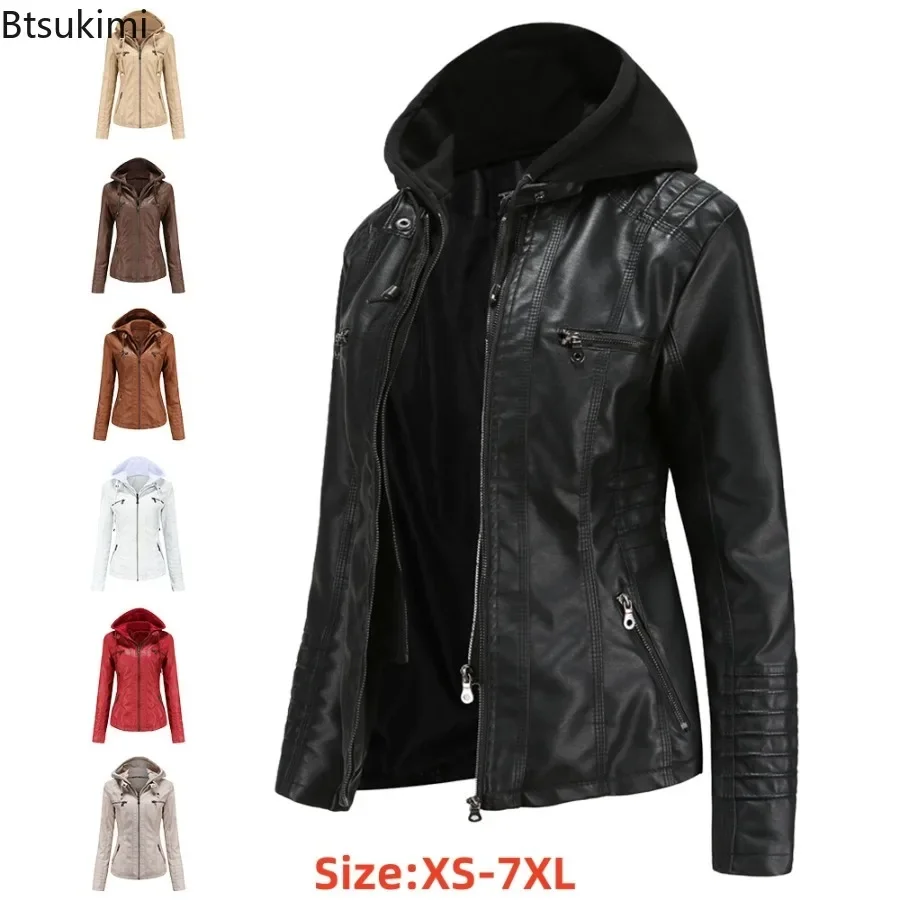 2024 Women\'s Hooded Leather Jacket 2 Pieces Set with Detachable Large Leather Jacket for Women Spring  Autumn PU Leather Jacket