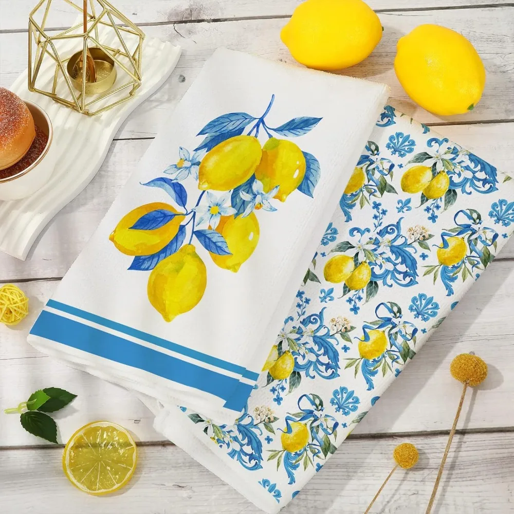 

2pcs Napkin Water Absorbent Lemon Print Kitchen Towel Reusable Absorbent Dishwashing Cloth Summer Style Soft Tea Towel Tea Room