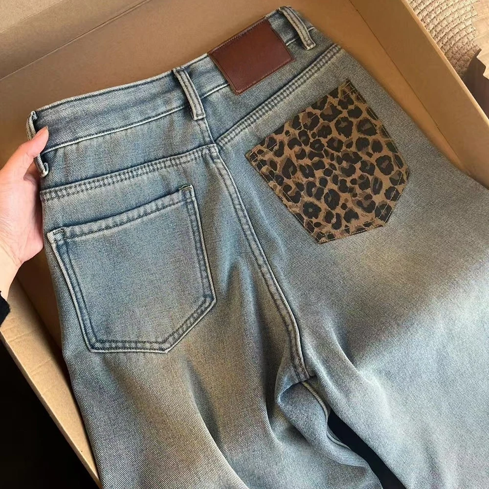 المرأة ليوبارد طباعة التصحيح جيب الجينز الشتاء سميكة الدافئة المخملية أفخم الدنيم السراويل موضة عالية الخصر مستقيم فضفاض بنطلون