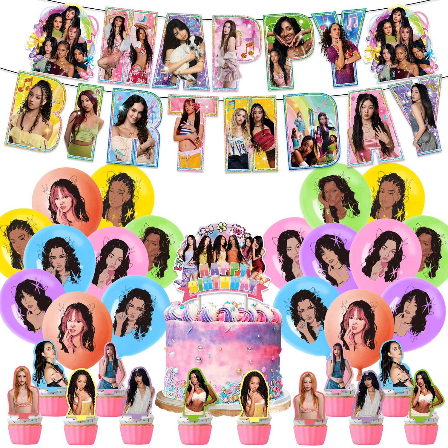 

Набор для дня рождения группы Hot Girl K-KATSEYE: воздушные шары, баннер, топпер для торта, праздничные принадлежности