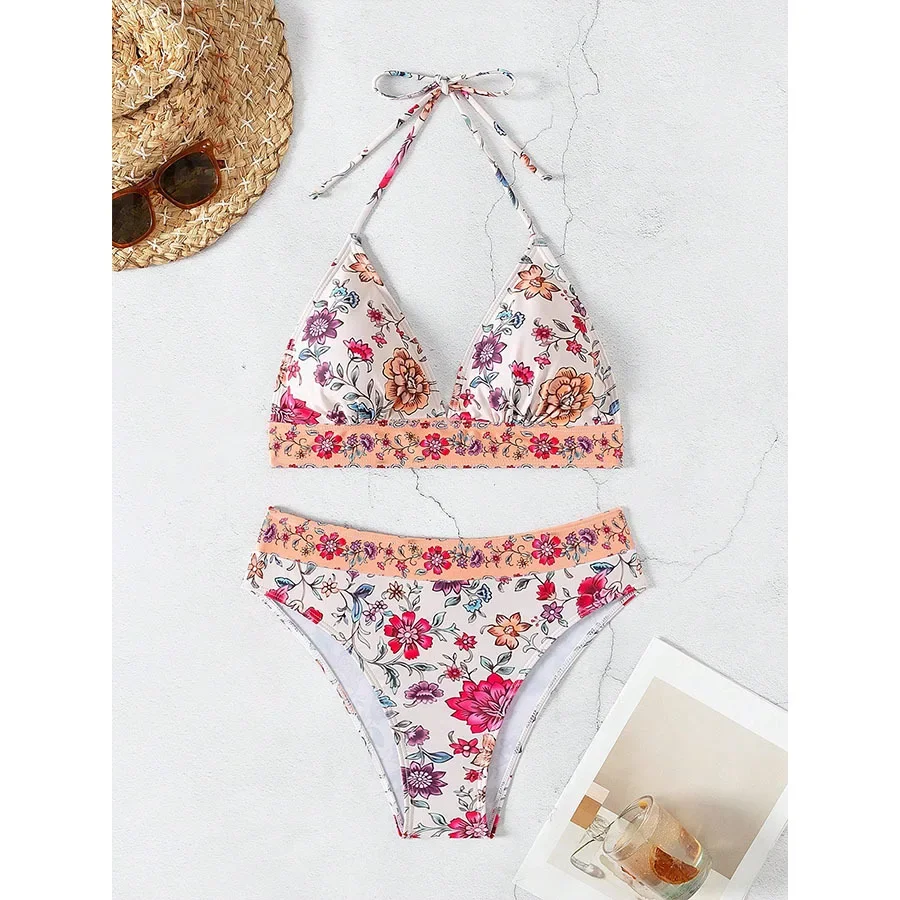 2025 Sexy Bikini-Set mit hoher Taille, Blumendruck und rückenfreiem Design, verstellbares Dreiecksoberteil und freche Unterseite für Damen, Sommerurlaub