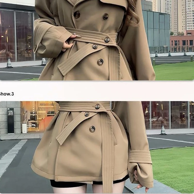 Chique casual curto trench coat jaqueta feminina outono inverno nova moda duplo breasted design cintura emagrecimento blusões