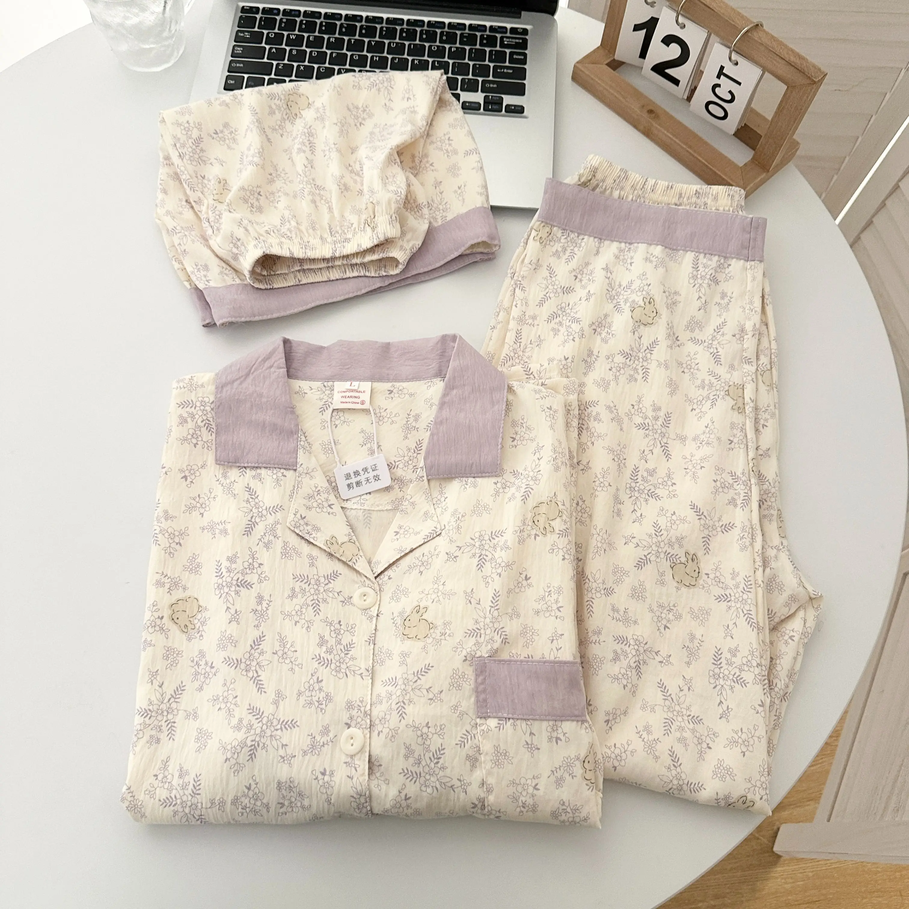 Korean Three-piece Ins Wind Small Fresh Floral Pajamas Sweet Girl Pure Cotton Short-sleeved Cartoon Casual Loose Loungewear