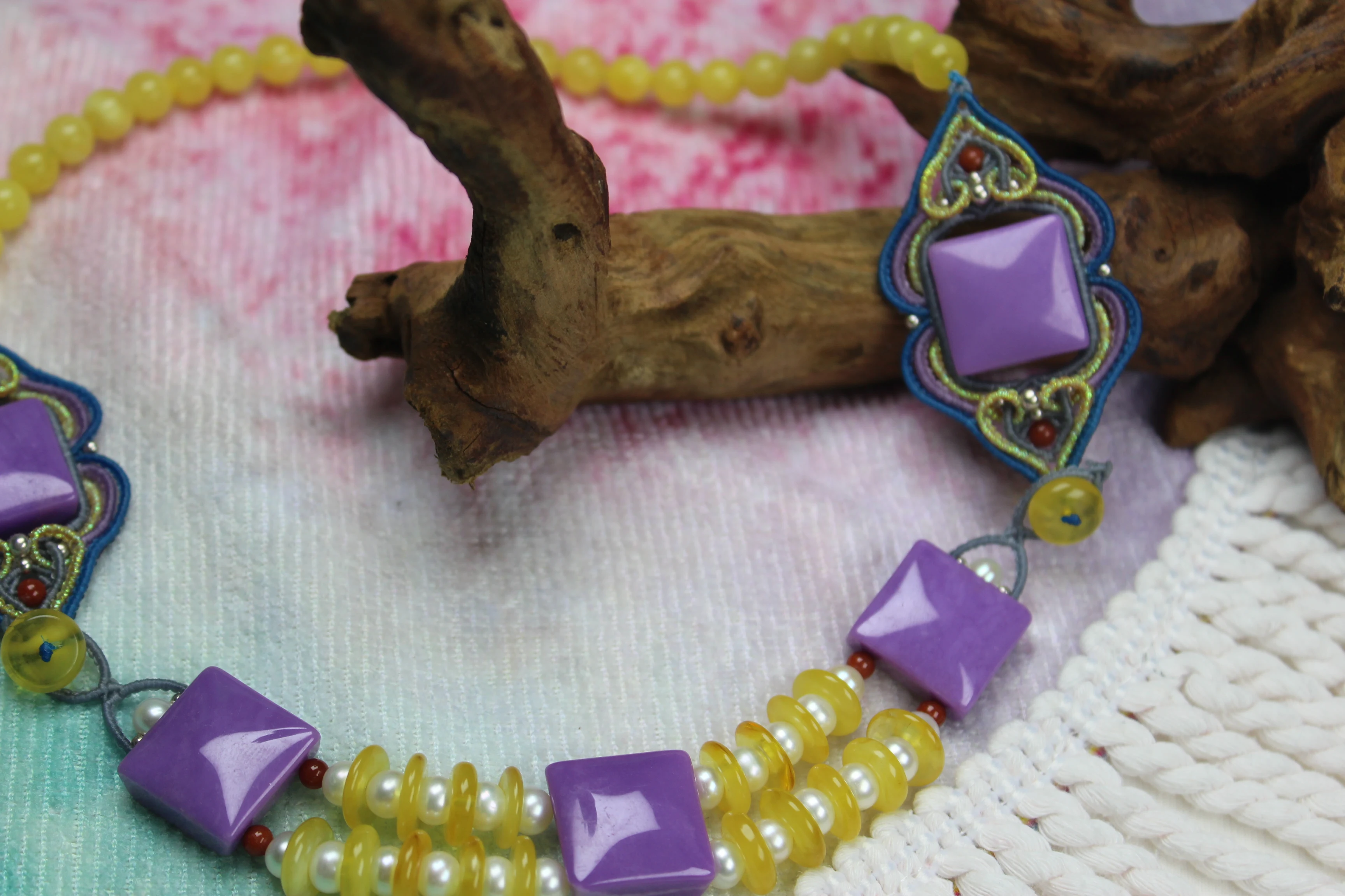 

Macrame Handmade Wax Polyster Cord Woven Square Purple Mica Natural Stone Necklace wih Beewax and Pearl beads Women's Gift