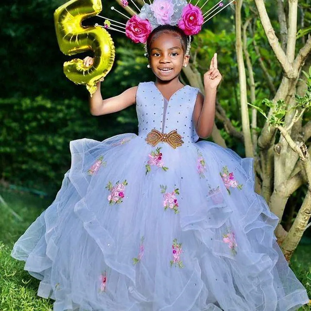 Vestido de encaje de flores para niña, lazos, primera comunión, Princesa, tul, fiesta de boda, 2 a 14 años, DHL, rápido