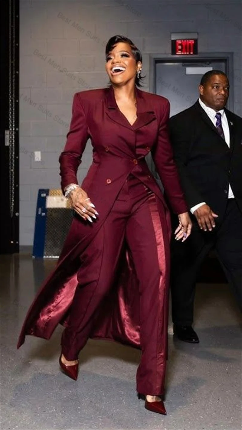 

Burgundy Women Suit Set 2Pcs Long Blazer+Pants Trousers Autumn Formal Office Jacket Customized Wedding Tuxedos Prom Cotton Coat