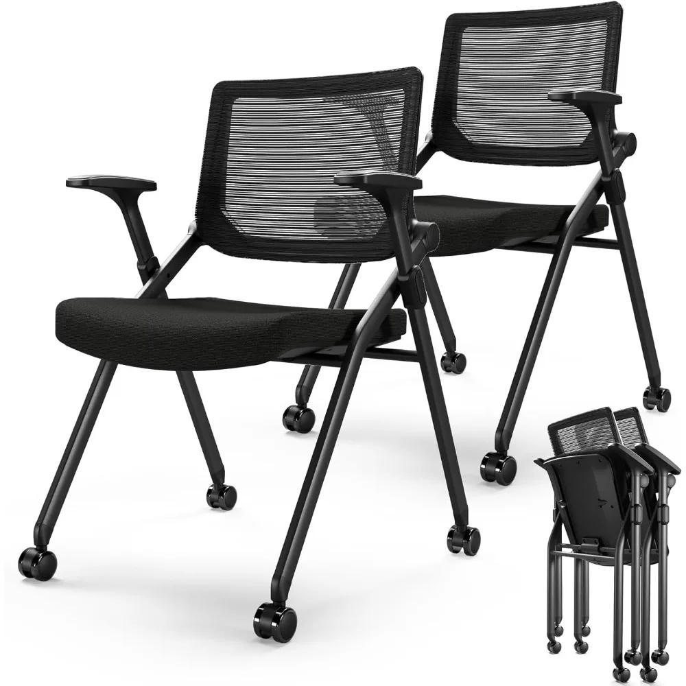 Juego de 2 sillas de oficina plegables con ruedas de PU, respaldo hinchable de malla ergonómica, silla apilable para sala de conferencias, invitados de oficina y recreativos