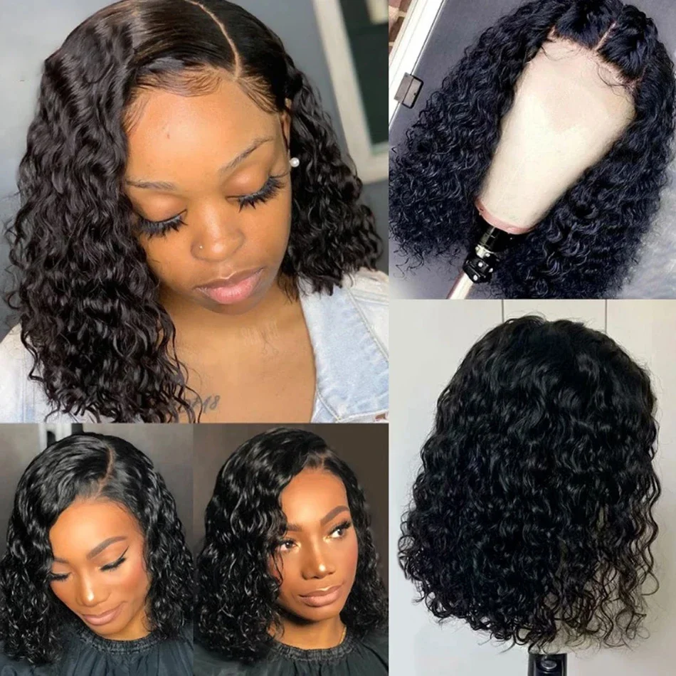 200 Desnity Short Curly Bob 13x4 13x6 HD Transparent Full Frontal 4x4 Closure Lace Natural Color Human Hair Pre Plucked Wigs