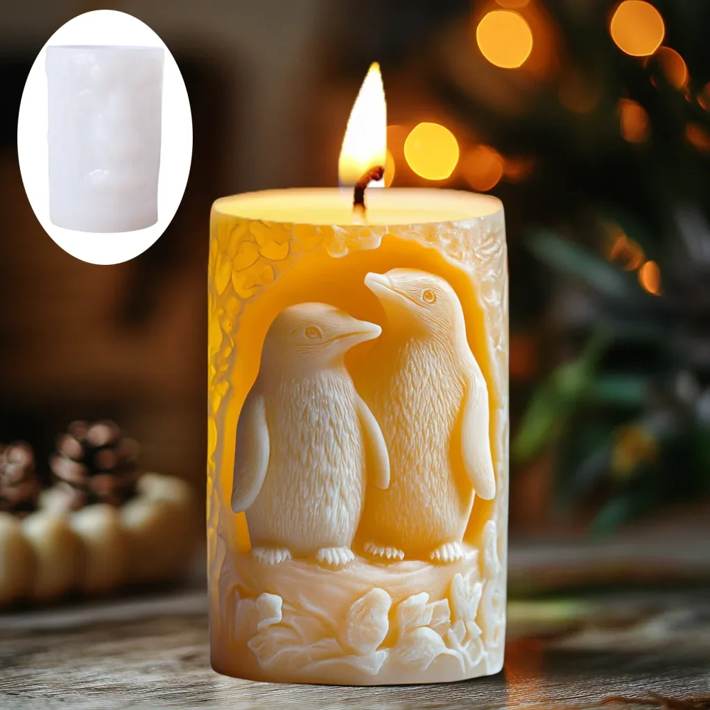 3D Penguin Couple Relief Cylinder Candle Silicone Mold Cute Penguin Resin  Mould Valentine's Day Gift Rabbit Cement Gypsum Molds