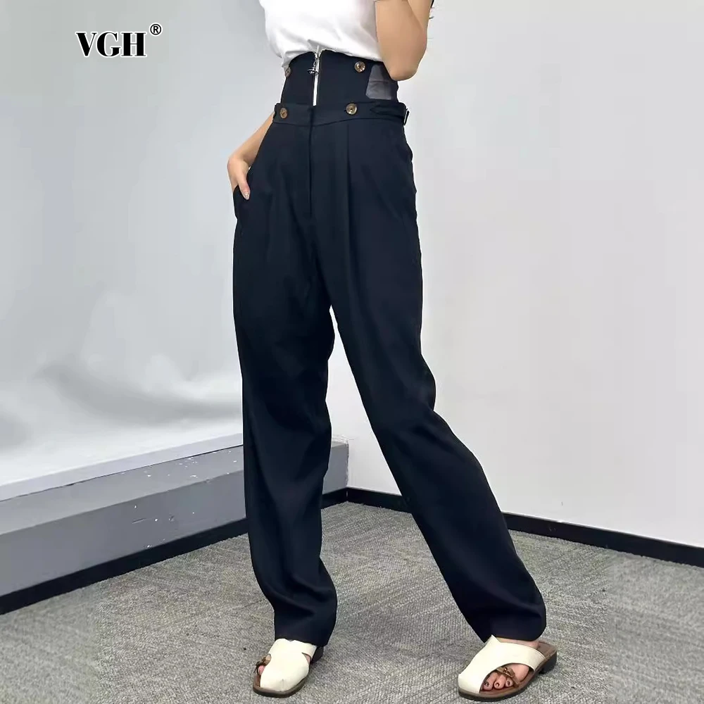 VGH Solid Spliced Fish Bone Waist Seal Trousers for Women High Waist Patchwork Button Minimalist Casual Pants Female Fashion New