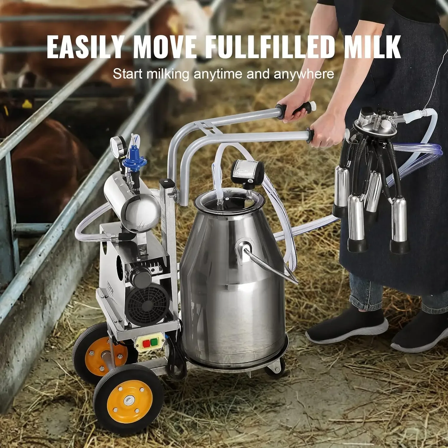 Electric Cow Milking Machine, 6.6 Gal / 25 L 304 Stainless Steel Bucket, Automatic Pulsation Vacuum Milker, Portable Milke