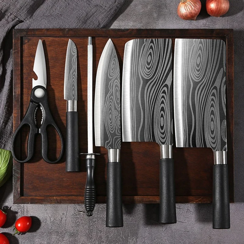 Laser Damascus Pattern Stainless Steel Sharp Slicing Chef Knife Scissors Knife Sharpener Multifunctional Kitchen Cooking Tools