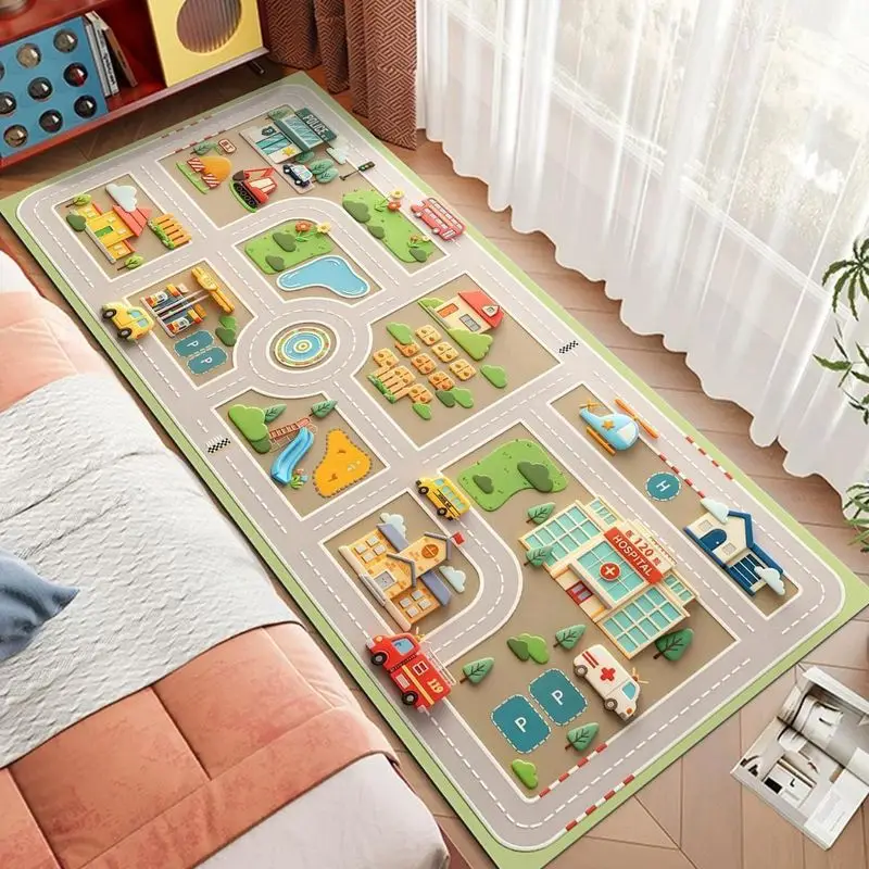 VIKAMA Kids Play Mat City Road Map Rug Cartoon Car Bedroom Floor Mat Non Slip Nursery Rug for Playroom Decor Gift