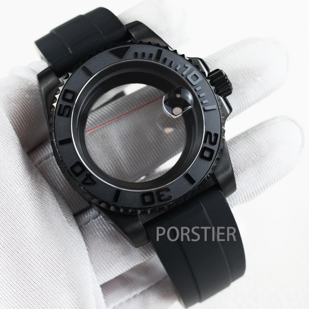 40mm Black PVD NH35 Watch Cases Rubber Strap Sapphire Glass For Seiko nh34 nh35 nh36 Movement 28.5mm Dial YACHT-MASTER Case