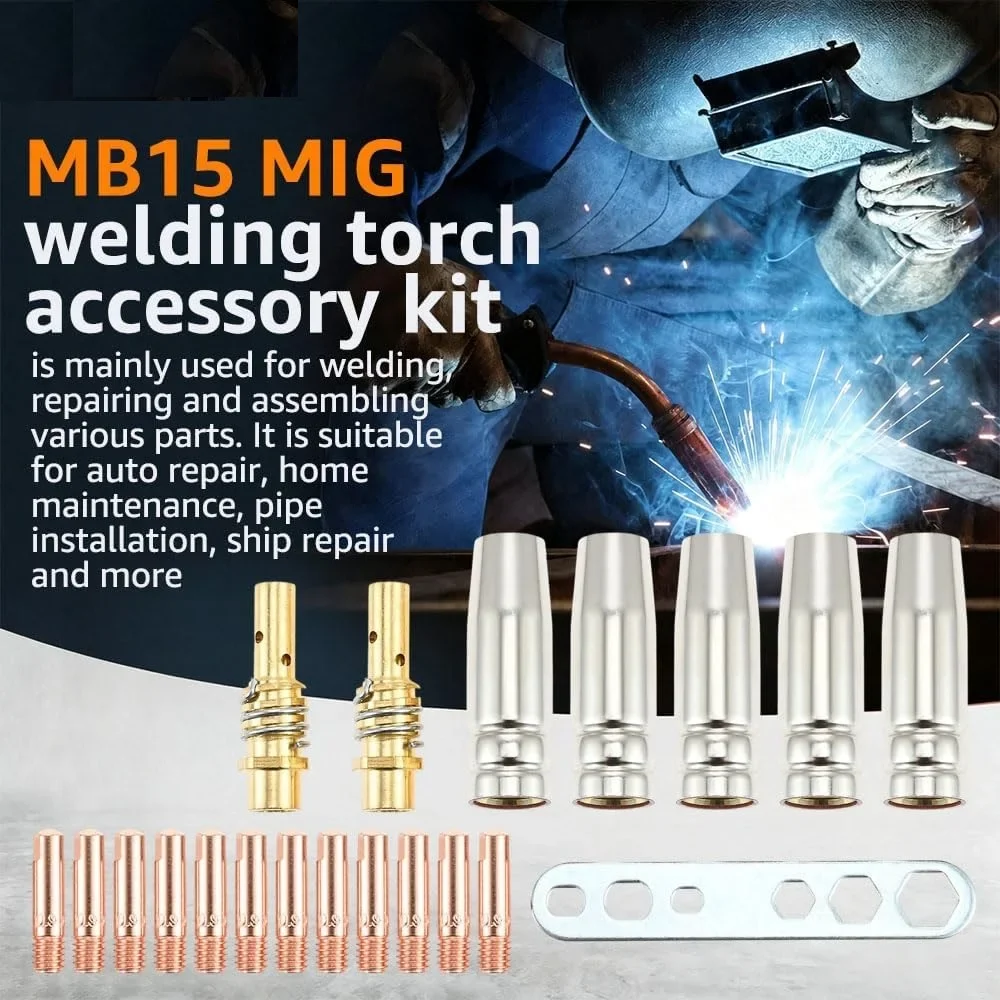 20pcs 0.035Inch MB15 15AK MIG Welding Accessory Set Heat Resistant Copper Contact Tips & Brass Rod Low Spatter Nozzles Wrench
