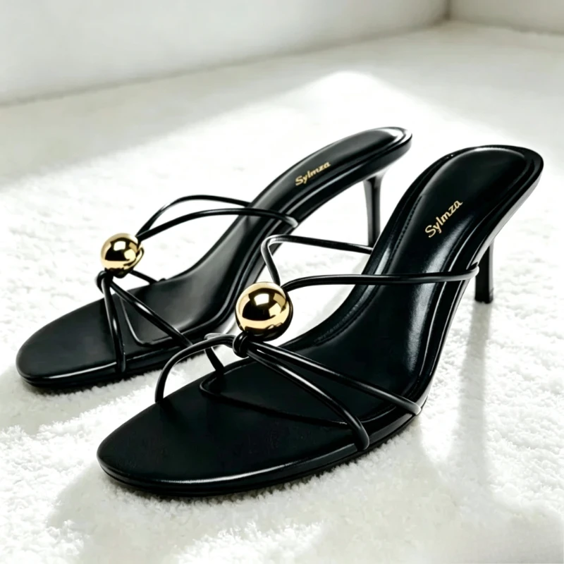 Luxury Metal Decoration High Heel Slippers Women Fashion Black Narrow Band Slide Sandals Sexy Open Toe Beach Shoes Zapatos Mujer