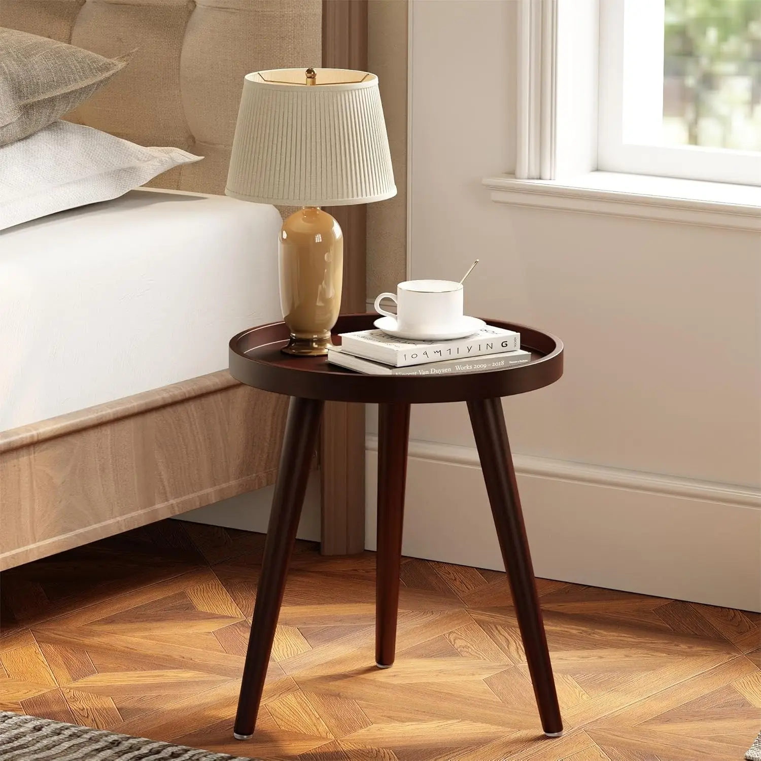 

Round Side Table, Brown Tray Nightstand Coffee End Table for Living Room, Bedroom, Small Spaces, Easy Assembly Bedside T