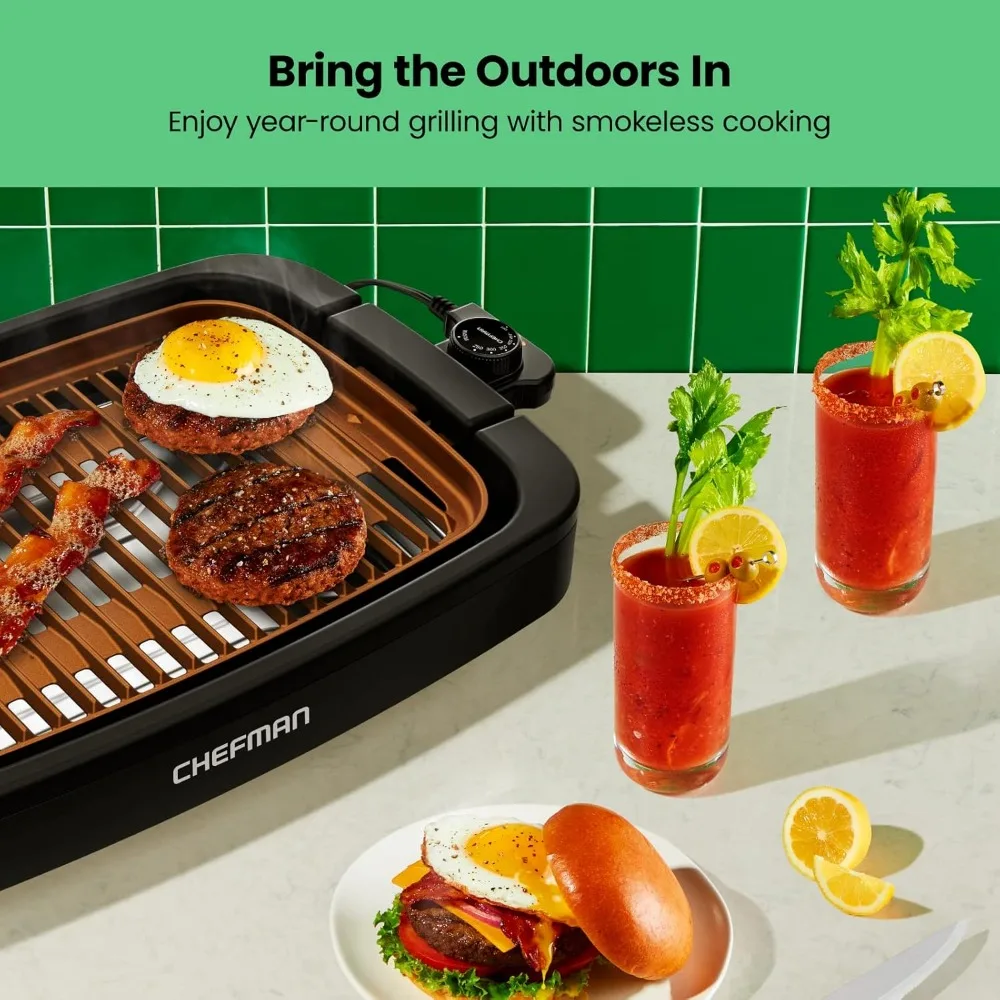 Rauchfreier Elektrogrill für den Innenbereich, Kupfer, extra groß, zum Grillen und Grillen im Innenbereich mit einstellbarer Temperaturregelung, 9" x 15"