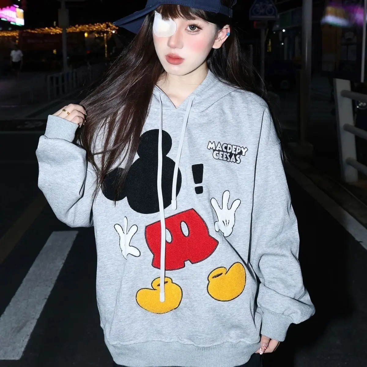 

Женская толстовка в стиле пэчворк с Микки Маусом, осень 202, серый пуловер, повседневная уличная одежда Y2K, эстетичная мода, удобный хлопок