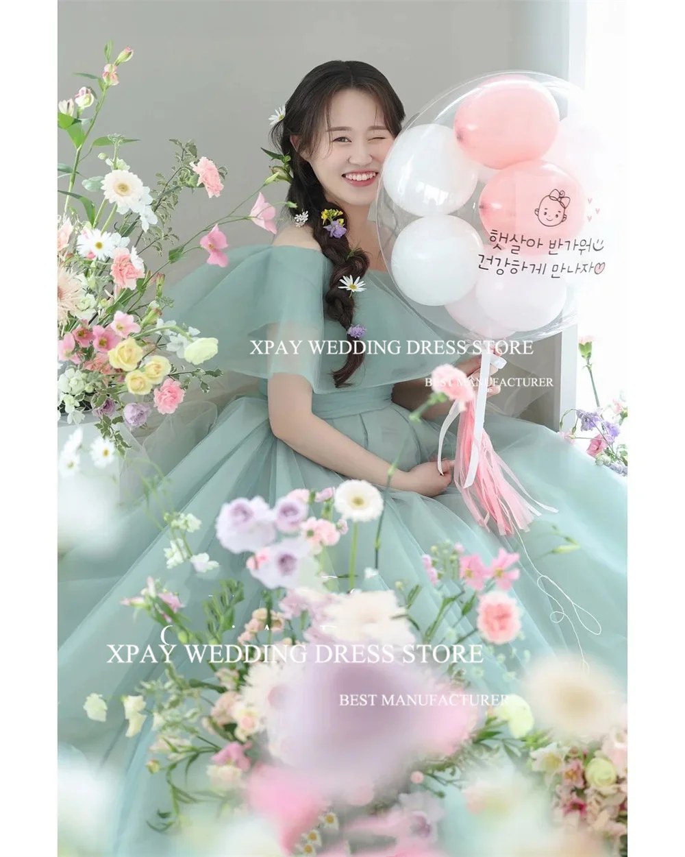 

XPAY Romantic Ruffle Off the Shoulder Organza Evening Dresses Korea Women Wedding Party Sweetheart Customized Pregnant Woman